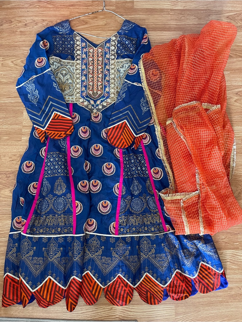 Blue & Orange Embroidered Ethnic Dress with Orange Dupatta Pakistani Dress